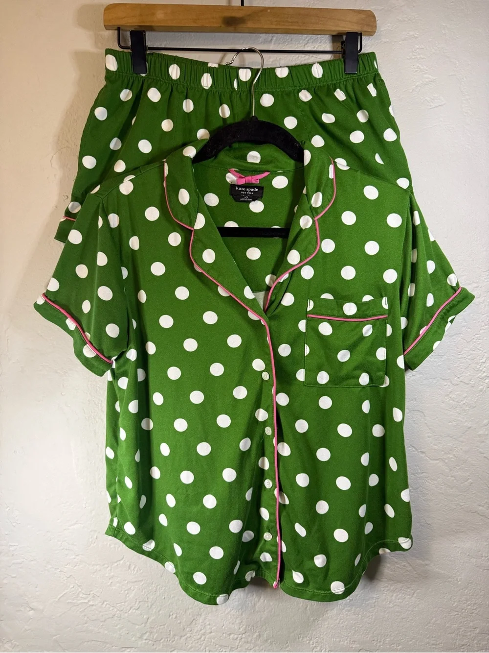 Kate Spade Green & White Polka Dot Short Pajama Set with Pink Trim